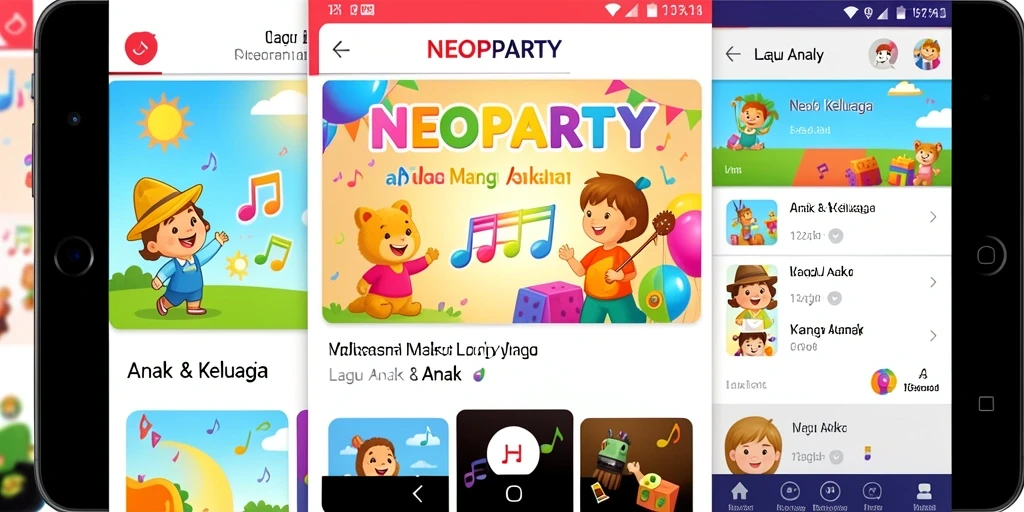 Antarmuka aplikasi NEOPARTY dengan berbagai lagu anak.